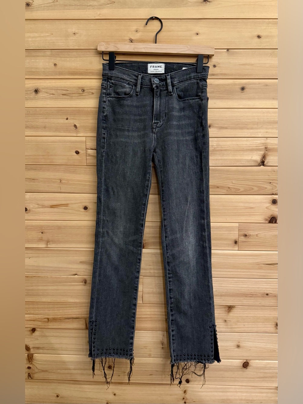 FRAME Denim 24/0 Le High Straight Grizzly Studded Black Gray Raw Edge Jeans